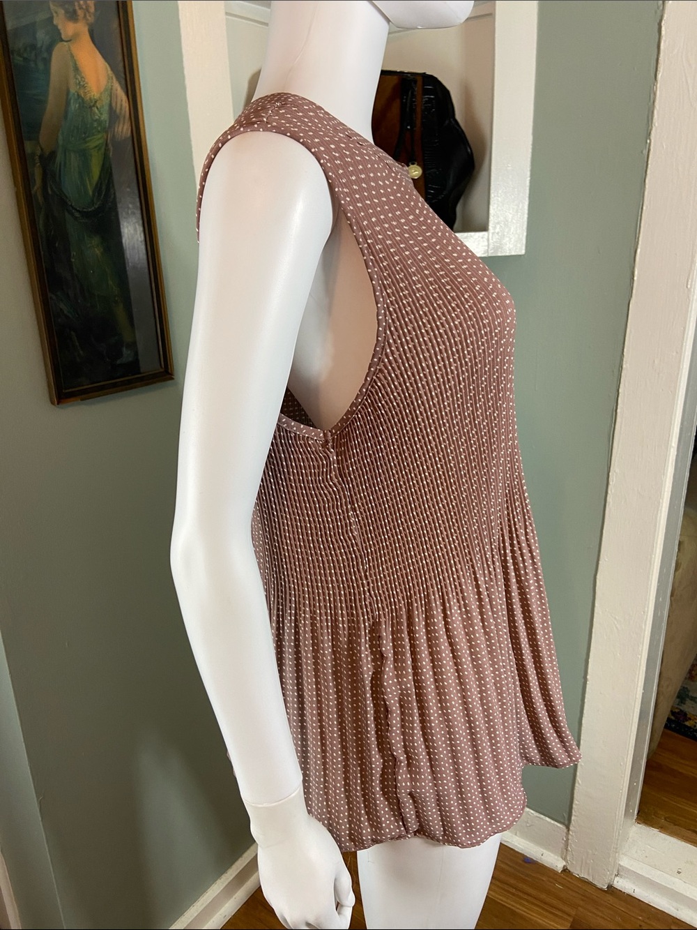 Adrianna Papell Taupe Polka Dot Pleated Swing Tank Top Sleeveless XLarge XL - Picture 6 of 11